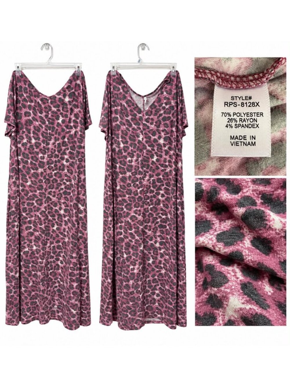 Women’s Pink and Black Leopard Print Short Sleeve Maxi Dress skuNN